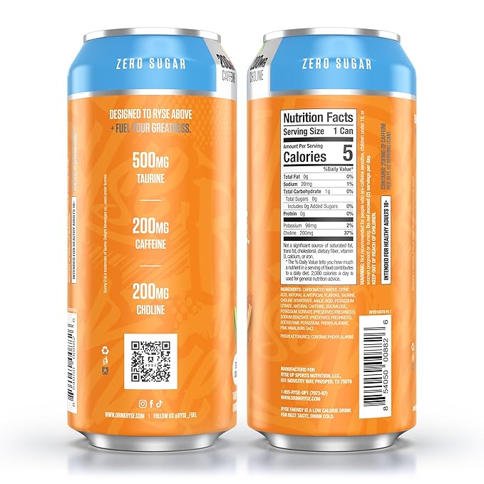 RYSE Fuel Energy Drink - SunnyD Tangy Original - Sugar Free Gluten Free &amp Vegan - 200mg Natural Caffeine Taurine &amp Choline for Focus &amp Energy - No Artificial Colors - 16 fl oz Cans (12-P