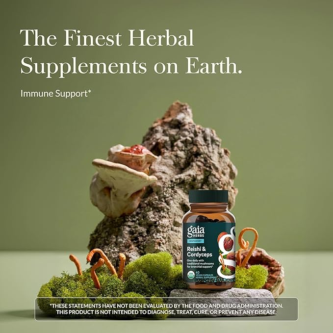Gaia Herbs Reishi &amp Cordyceps - Immune Support with Mushrooms Traditionally Used to Help Maintain Lung &amp Respiratory Health* - with Reishi &amp Cordyceps - 40 Vegan Capsules (40 Servings)