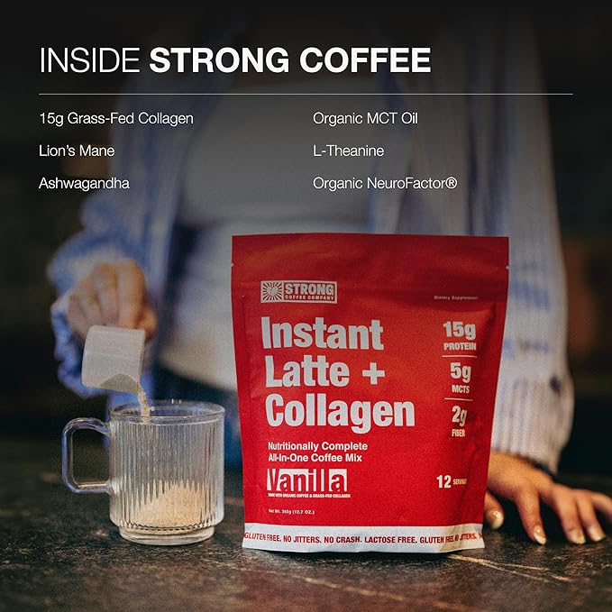 Strong Coffee Co. Vanilla Instant Latte | Organic Coffee with 15g Collagen Protein | Lion’s Mane &amp L-Theanine | Nootropic Instant Coffee | 12 Serving