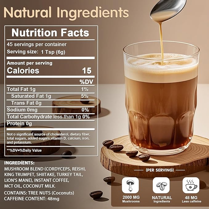 Mushroom Coffee 6 Adaptogenic Mushrooms with Lion's Mane Cordyceps Turkey Tail &amp More Instant Mushroom Coffee for Focus Energy Immune &amp Digestion Support