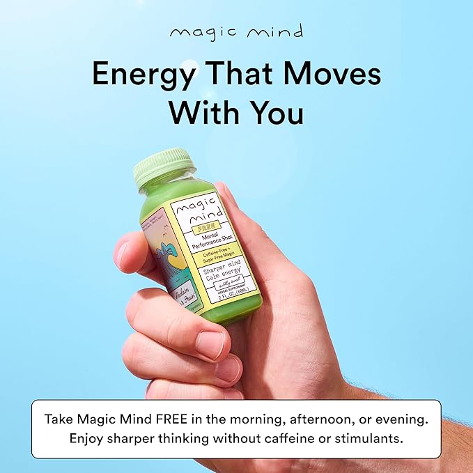 Magic Mind FREE Energy and Focus Drink Shots - Stress Relieving No Jitters Ashwagandha Vitamin B12 Vitamin C Matcha Green Tea Functional Mushrooms Caffeine Free - 2 FL Oz (15 Pack)