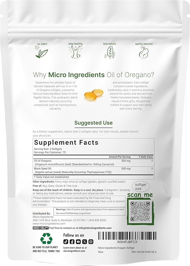 Micro Ingredients Oil of Oregano Softgels 150 Count | 2 in 1 Formulated with Black Seed Oil | 4X Strength Carvacrol &amp Thymoquinone | Plant Based Non-GMO