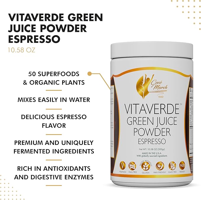Coco March VitaVerde Green Juice Powder 50 Superfoods Enzymes &amp Probiotics- Espresso Flavor Organic Plants - Vegan Paleo Friendly Dairy Free Keto Friendly GMO Free 10.58 oz 300 g