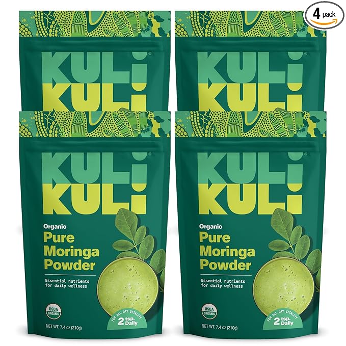Kuli Kuli Moringa Oleifera Organic Leaf Powder &amp Green Smoothie 100% Pure USDA Certified &amp Non-GMO Moringa Powder Great with Smoothies Tea and Food 4 Pack