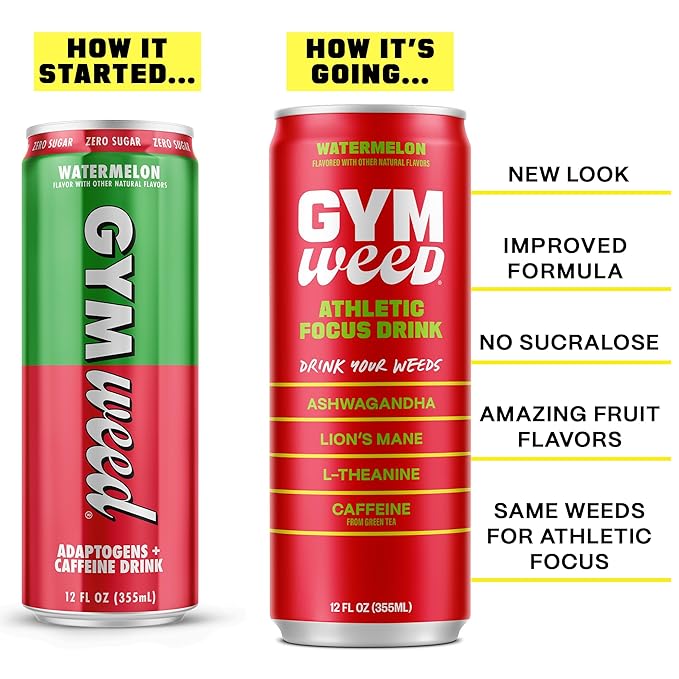 GYM WEED Athletic Focus Drink with KSM-66 Ashwagandha Lion's Mane Mushroom L-Theanine 200mg Green Tea Caffeine with Natural Sweeteners Watermelon Flavor 12 Pack