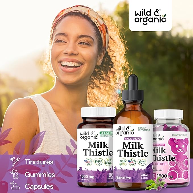 Wild &amp Organic Milk Thistle Liquid Drops - Liver Cleanse Detox - Silymarin Milk Thistle Supplement for Liver Support - Silybum Marianum Seed Extract Tincture - Vegan Sugar &amp Alcohol-Free - 4
