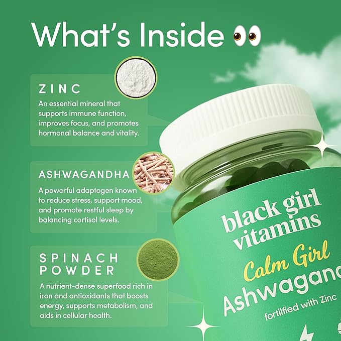Black Girl Vitamins Calm Girl Ashwagandha + Zinc Gummies Stress Support Promotes Relaxation &amp Mental Clarity Supports Sleep &amp Immune Health – Doctor-Formulated Daily Vegan Supplement