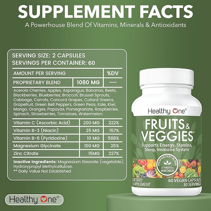 Fruits &amp Veggies Formula - 27 Premium Whole Foods - Organic Ingredients - Equals 3 Servings of Fruits &amp Vegetables - Improve Energy Focus &amp Immune Function - Fiber - Antioxidants - 120ct
