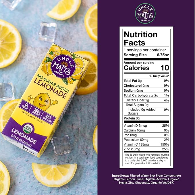 Uncle Matt’s Organic Juice Boxes – 32 Pack No Sugar Added Lemonade USDA Organic Only 10 Calories with Vitamin C D &amp Zinc Kid-Friendly Juice Drinks