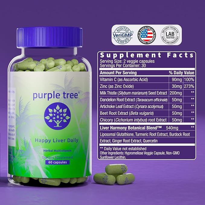 purple tree Happy Liver Daily | Liver Support Supplement with Milk Thistle Dandelion Artichoke Turmeric &amp Liposomal Glutathione | Antioxidant &amp Daily Liver Wellness | 60 Vegan Capsules