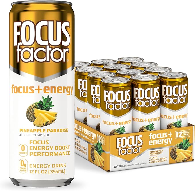 Focus Factor Energy Drink - 12 x 355ml Cans (Pineapple Paradise Flavor) - with Focus + Energy - Lightly Carbonated Sugar Free Low Calorie with Vitamin B6 &amp Vitamin B12