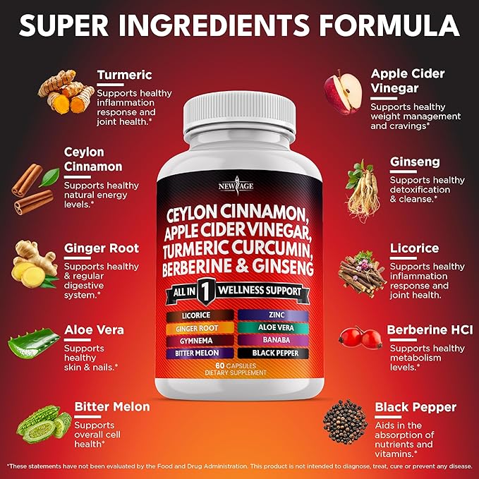 Ceylon Cinnamon Turmeric Apple Cider Vinegar Ginseng Aloe Vera Berberine Plus Banaba Ginger Root - 60 Count