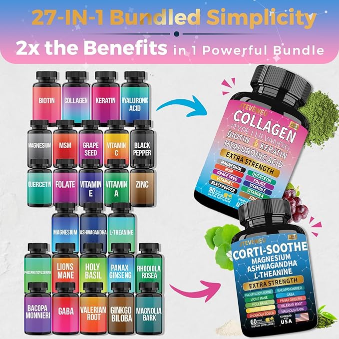 Shining Serenity Set Cortisol Support with Ashwagandha L-Theanine Magnesium Lions Mane GABA Bacopa Monnieri Collagen Biotin Keratin Hyaluronic Acid Quercetin