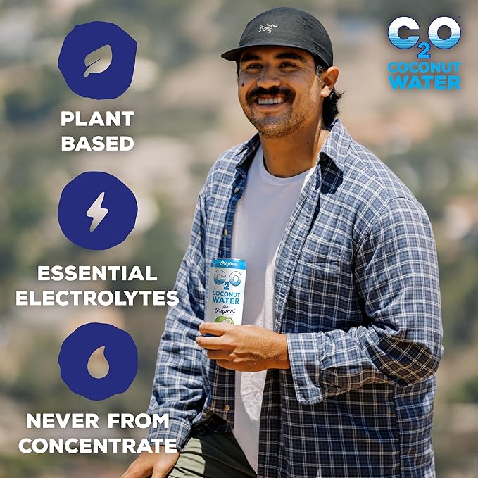 C2O - Coconut Water The Original Flavor (24 Pack 3 Boxes of 8) - Made with Fresh Coconut Water - Plant Based Non GMO Canned Water - Natural Hydration Electrolytes &amp Potassium - 24 Cans 10.5 F