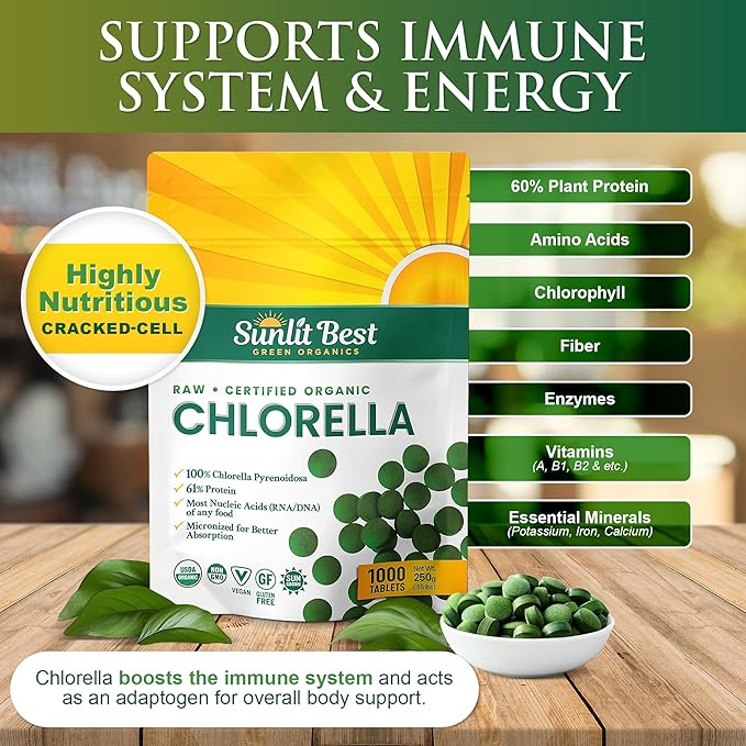 Sunlit Best USDA Organic Premium Chlorella Tablets 1000 Count | 100% Pure Chlorella Superfood Supplement High in Protein Chlorophyll Vitamins &amp Minerals | Supports Good Health Wellbeing