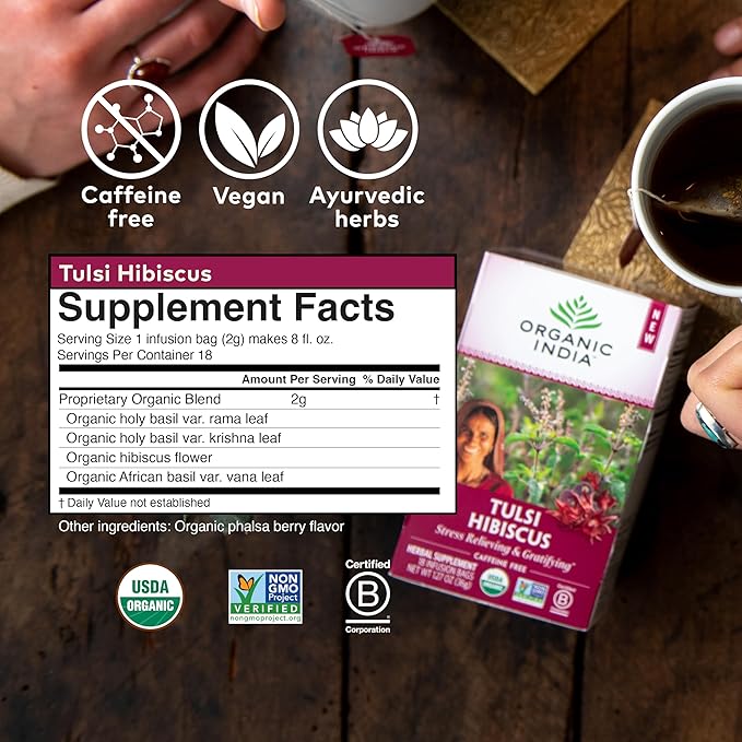 ORGANIC INDIA Tulsi Hibiscus Tea Bags - Holy Basil Herbal Tea Stress Relieving Calming Immune Support USDA Organic Caffeine Free -18 Bags 3 Pack