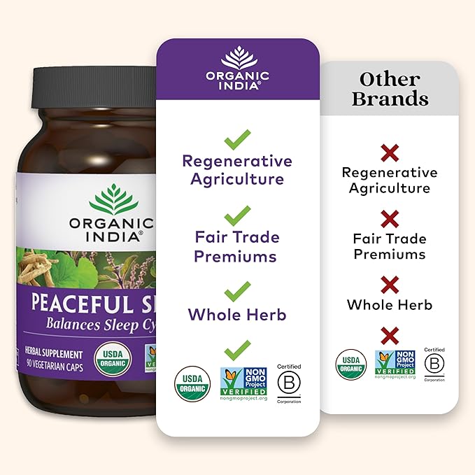ORGANIC INDIA Peaceful Sleep Herbal Supplement - Deep Sleep Aid for Adults Natural Herbal Aid Without Melatonin Supports Circadian Rhythm USDA Certified Organic Non-GMO - 90 Capsules