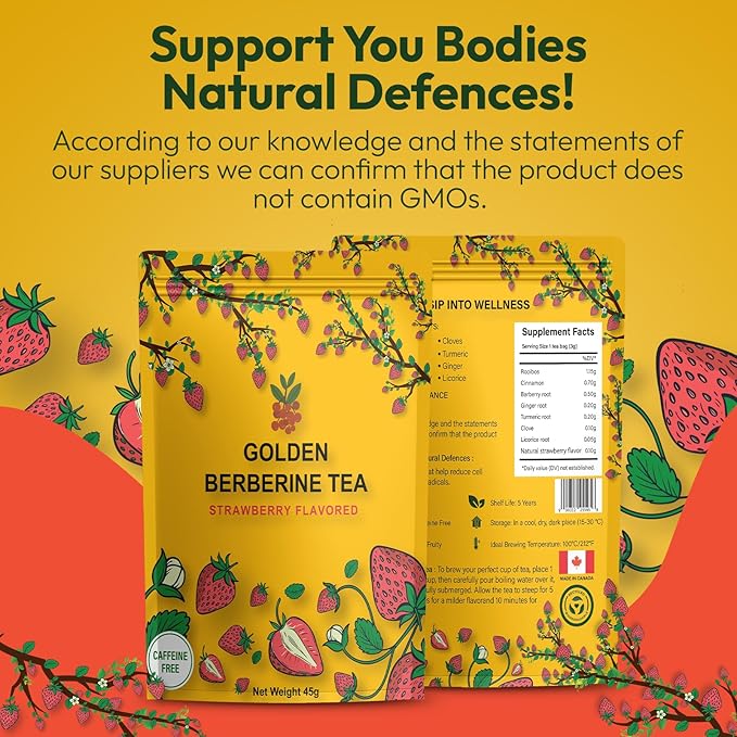 Berberine Tea 45g Natural Organic Caffeine-Free Blend Non-GMO Herbal in Plastic-Free Stand Alone Pouch Delicious Antioxidant for Immune Support (Strawberry)
