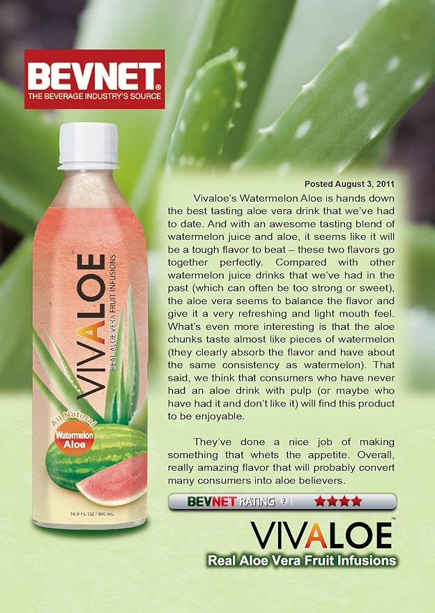 Vivaloe Watermelon Flavor Aloe Beverage All Natural Aloe Juice 16.9 fl. oz./500 mL 12 Count