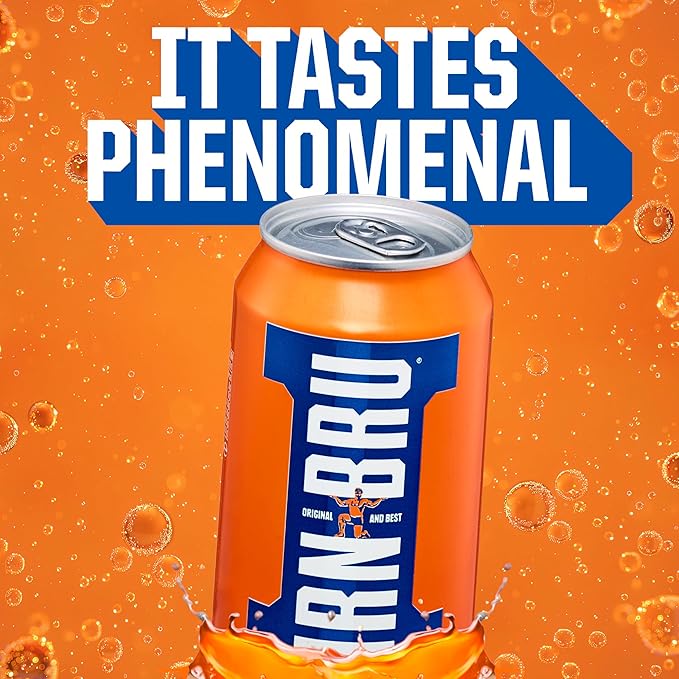IRN-BRU Original Scottish Sparkling Soda Citrus Flavored Carbonated Drink - Sparkling Flavored Soft Drink 32 Flavor Recipe 11.1 fl oz Cans Pack of 24