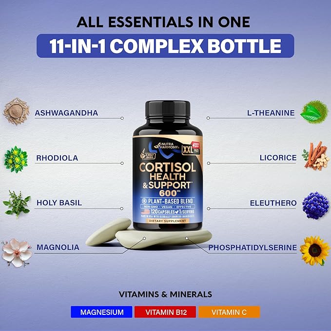 Cortisol Supplement for Women - Holy Basil | Ashwagandha | Rhodiola | L-Theanine - Plant-Based Hormone Balance - Mood Focus &amp Sleep Support - Made in USA - Vegan Non-GMO - 120 Capsules for 4 Mon
