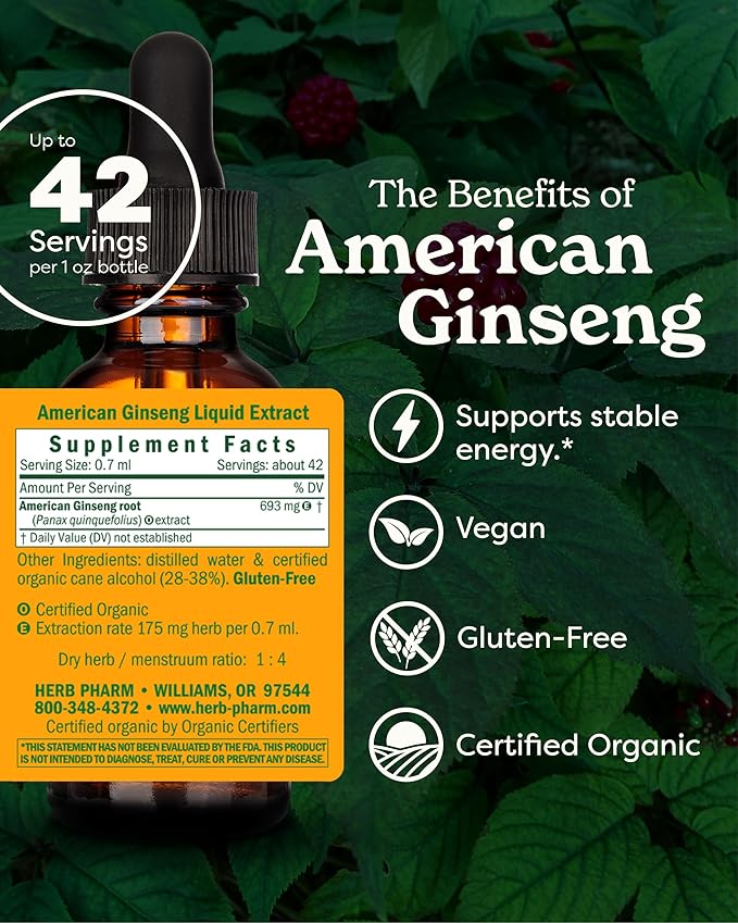 Herb Pharm Certified Organic American Ginseng Extract - 1 Ounce
