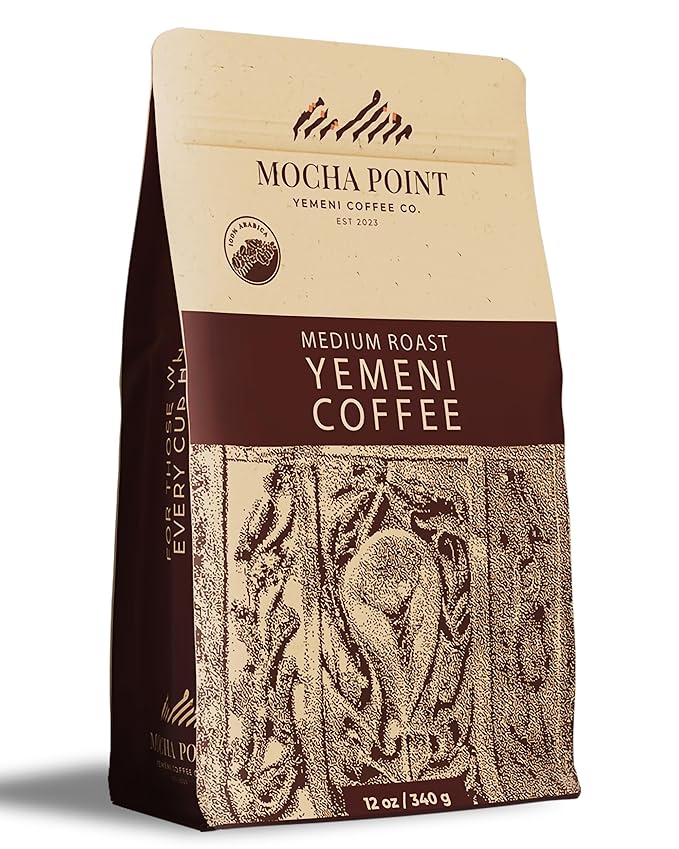 Mocha Point Medium Roast Yemeni Coffee – 100% Arabica Beans from Yemen – Rich Smooth and Balanced Flavor – Small-Batch Roasted for Freshness – No Additives – 12 oz / 340g Bag
