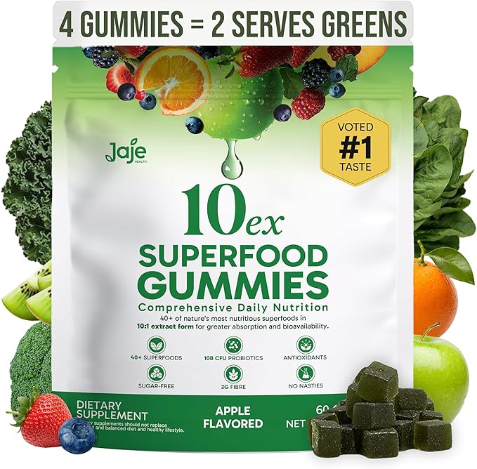 10ex Supergreens Gummies w/Probiotics. 40 Superfoods &amp Super Greens. 10x More Nutrients. Multivitamins &amp Antioxidants from Whole Foods. Healthy Snacks for Adults. Keto Low Carb Low Calorie S