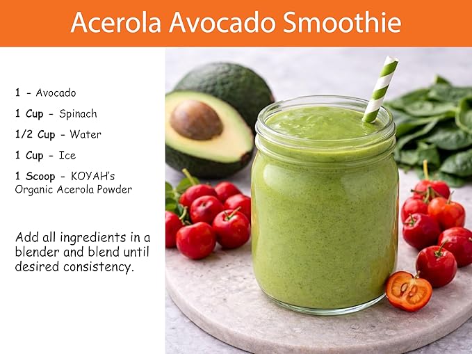 KOYAH - Organic Acerola Powder: Freeze-Dried 100% Pure 500 mg Natural Vitamin C per Scoop Whole-Food Non-GMO Vegan 60 Servings Made from acerola Cherries Grown in Brazil