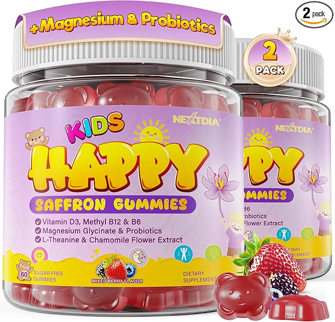 Happy Saffron Gummies for Kids Teen Organic Saffron + Magnesium Glycinate Supplement with Probiotics L-Theanine Chamomile D3 B6 B12 for Children's Focus &amp Mood Calm Sleep Sugar Free 120