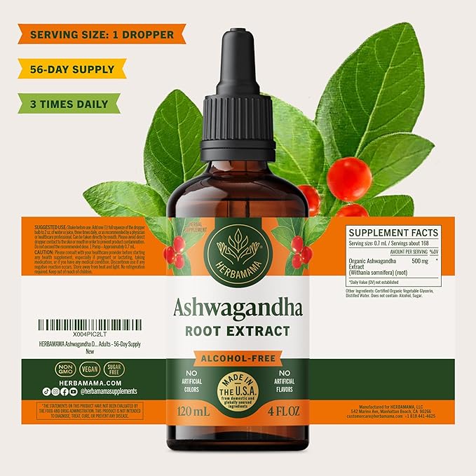 HERBAMAMA Ashwagandha Drops - Vegan Relaxation &amp Mood Support with Ashwagandha Root Extract - Non-GMO Alcohol &amp Sugar-Free Calming Supplements for Adults - 56-Day Supply