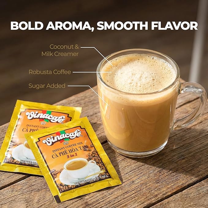 Vinacafe 400 Cts Vietnamese Instant Coffee Mix 3 in 1 Single Serves (Pack of 20 | 20 Sachets Per Bag) Balanced Medium Roast Coffee Mix for Quick Preparation at Home Office or Travel Single Serve Sac