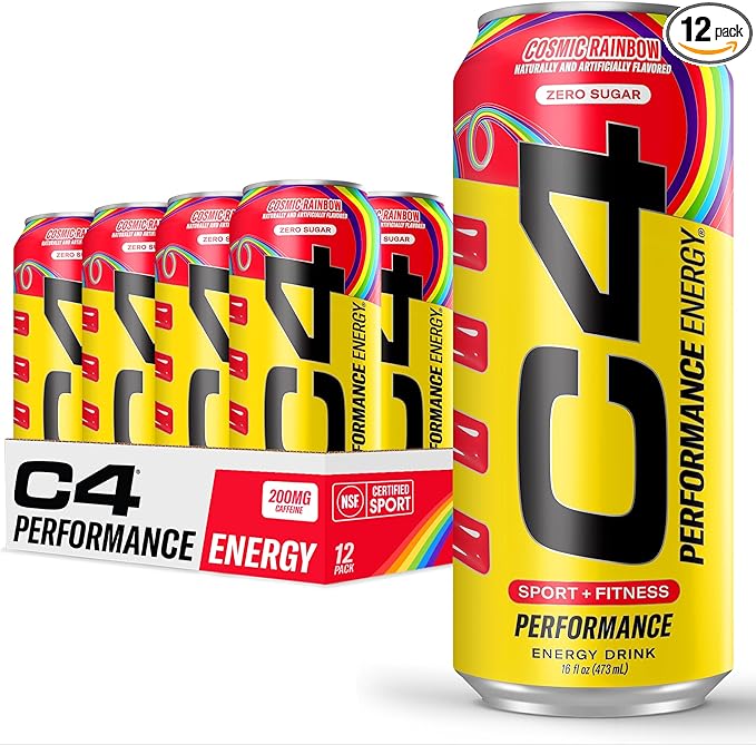 Cellucor C4 Performance Energy Drink | Cosmic Rainbow | Zero Sugar Carbonated Preworkout Energy | 200mg Caffeine with Beta Alanine | 16 Fl Oz (12 Pack) Packaging May Vary