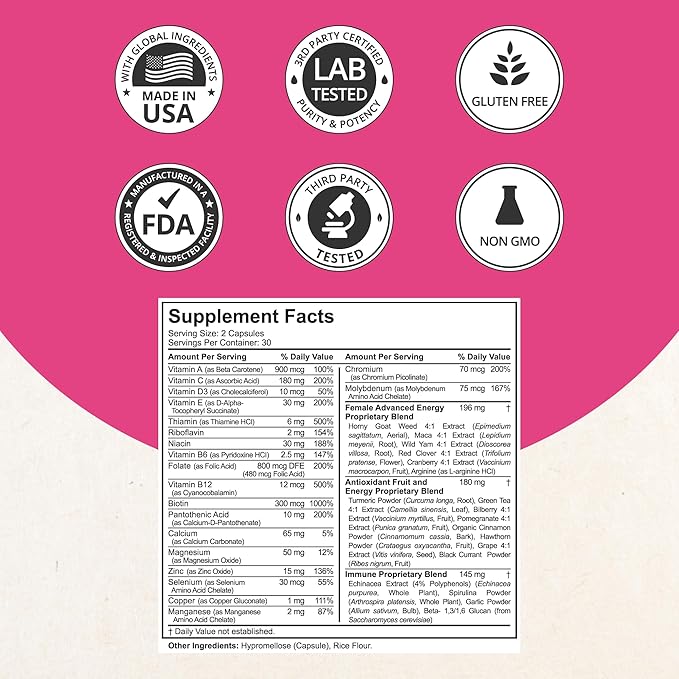 Multivitamin for Women with 39 Key Nutrients Essential Vitamins Minerals Horny Goat Weed Maca Wild Yam Red Clover Cranberry Arginine Herbal Supplement | 60 Vegan Capsules | 1 Month Supply