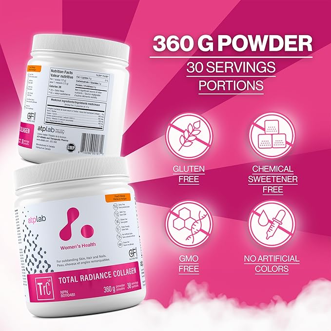 ATP LAB Total Radiance Collagen - Peach Mango Flavor 360g - Collagen Peptides Powder for Women - Hydrolyzed Collagen Protein Supplement with Biotin