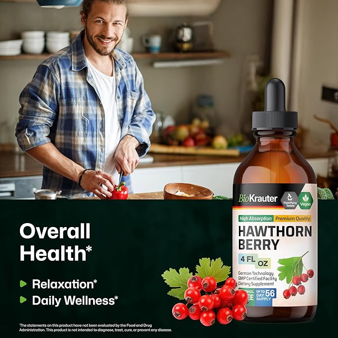 BIO KRAUTER® Hawthorn Berry - Pure Vegan Hawthorne Berry Supplement - Used for Overall Support &amp Daily Wellness - Liquid Drops 655 mg per Serving - Alcohol &amp Sugar Free 4 Fl.Oz 56 Days of Sup