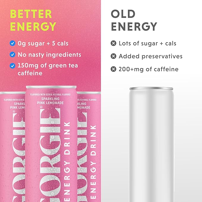 GORGIE Sugar-Free Natural Energy Drinks Pink Lemonade (12 Pack) - Healthy Energy Drink - Natural Coffee Replacement with Green Tea Caffeine and Biotin 150mg Caffeine Vegan Low Calorie
