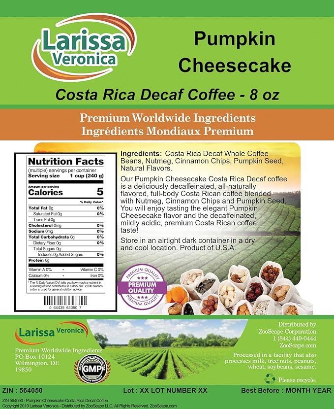 Pumpkin Cheesecake Costa Rica Decaf Coffee (Gourmet Naturally Flavored Whole Coffee Beans) (8 oz ZIN: 564050)