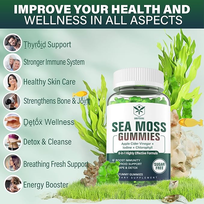 Sea Moss Gummies Sugar-Free Extra Strength Irish Moss Gel Supplement with Iodine Chlorophyll Unfiltered ACV D3 Burdock Root Bladderwrack for Immune Digestive Skin Hair Det❤️x Vegan 2Pack