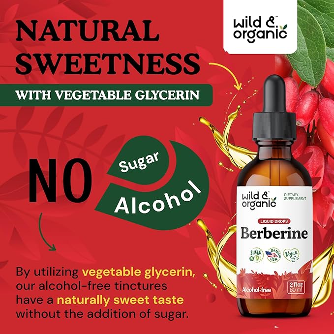 Wild &amp Organic Berberine Liquid Drops - 500mg Berberine Supplement HCL for Overall Support - Natural Extract Tincture - Vegan Alcohol &amp Sugar-Free - 2 fl oz