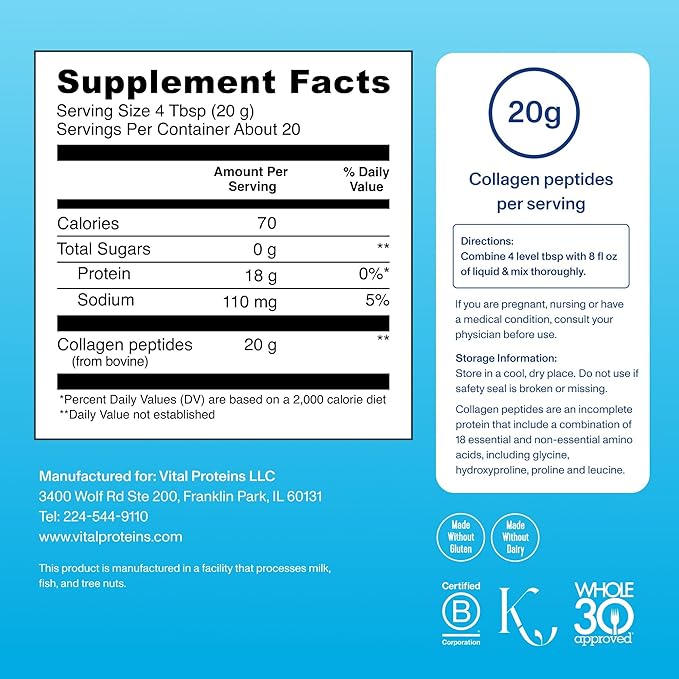 Vital Proteins Collagen Peptides Powder - Grass Fed Collagen Peptides for Hair Nail Skin Bone &amp Joint Health Unflavored 14.3oz