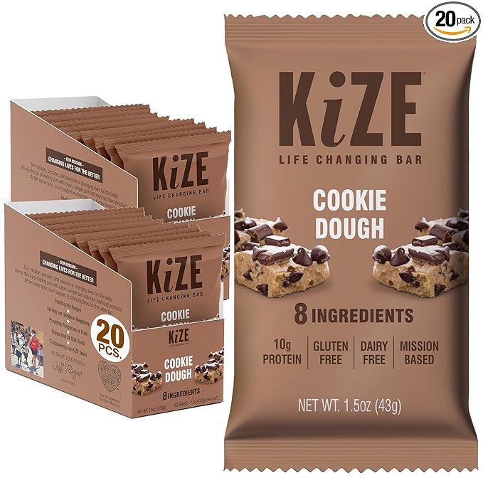 KiZE Energy Bars - Cookie Dough - 20-Count - Gluten Free Dairy Free Non-GMO and High Protein Meal Replacement Energy Bars Clean and Simple Food Ingredients - 10g High Protein Snacks (20 Count)