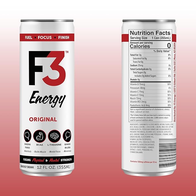 F3 Energy Original Energy Drink - Muscle Building Sports Drinks w/BCAA Panax Ginseng &amp Ginkgo Biloba - Natural Energy Drinks for Mental Focus &amp Muscle Recovery 125 mg Caffeine (12 pack)