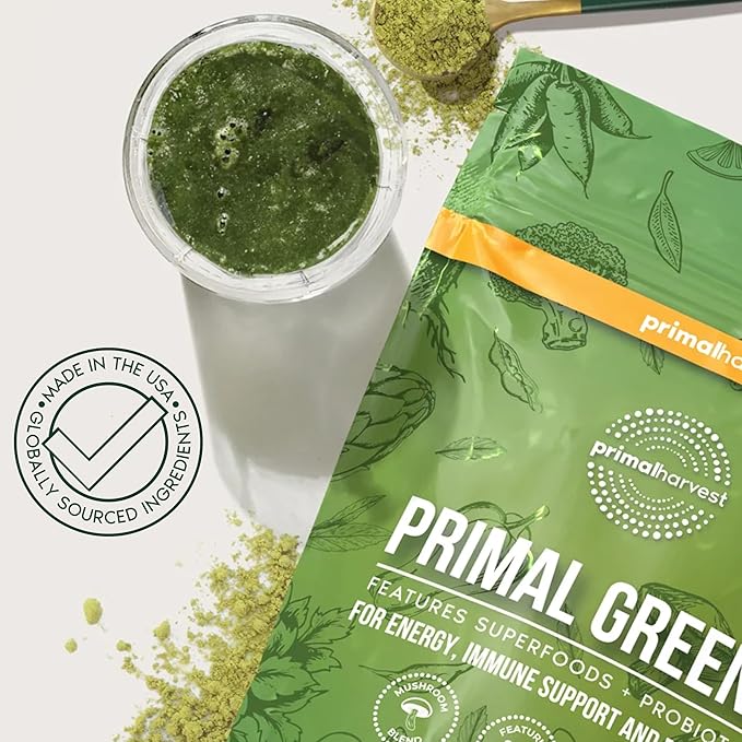 Primal Harvest Super Greens Powder 30 Servings w/+50 Greens Superfood Chlorella Probiotics Green Tea Wheatgrass Kale Turmeric for EnergyPrimal Greens