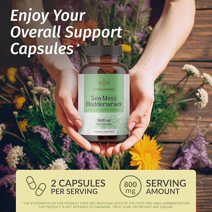 HERBAMAMA Sea Moss and Bladderwrack Capsules - 1600mg Irish Sea Moss for Immune Support - Vegan Non-GMO Immunity Supplement for Overall Support