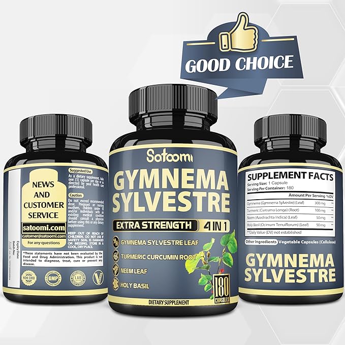 Satoomi Pure Gymnema Sylvestre Capsules Extract - 180 Capsules of 6 Month - Blended with Neem Leaf Holy Basil &amp Turmeric Curcumin Root
