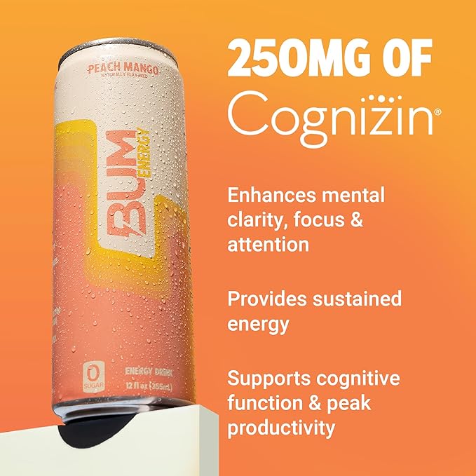 BUM Sugar-Free Energy Drink Peach Mango - Lightly Carbonated &amp No Artificial Colors Natural Caffeine &amp Citicoline for Energy &amp Focus Brain Boost &amp Workout Sports Beverage - 12 oz P