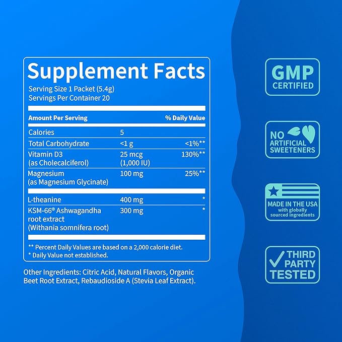 Nello Supercalm Drink Mix - Raspberry Lemonade and Tropical Tangerine Ashwagandha KSM 66 Magnesium Glycinate &amp L-Theanine Supplement - Focus and Relaxation Support (2 x 20 Travel Packets)