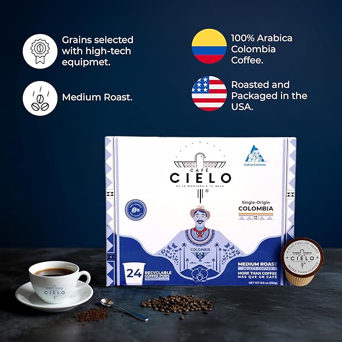 Café Cielo Colombian Coffee K-Cup Pods Single Origin Medium Roast 100% Select Arabica Coffee 24 Count (1 Box of 24 K-Cup Pods) Compatible with Keuring &amp Keuring 2 Coffee Machines enrriched