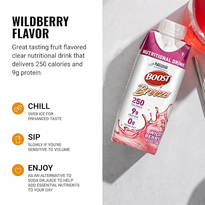 BOOST Breeze Clear Nutritional Drink - 250 Calories - 19 Vitamins &amp Minerals - 9 g Protein – Fortified with Vitamin A &amp Zinc - Wild Berry Flavor - 8 fl oz (Pack of 24)